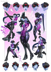  absurdres bodysuit border breasts colored_skin commentary earrings elolaillustrator english_commentary female gun highres holding holding_gun holding_weapon jewelry long_hair multiple_views overwatch ponytail purple_lips purple_skin solo stud_earrings weapon white_border widowmaker_(overwatch) 