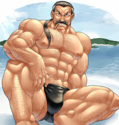  1boy abs akuann arm_on_knee bara beach black_hair black_male_swimwear blue_eyes broad_shoulders bulge chrono_cross cigarette facial_hair fargo_(chrono_cross) island looking_at_viewer low_ponytail male_focus male_swimwear moustache muscular muscular_male nipples pectorals ponytail sitting solo sparse_arm_hair sparse_chest_hair sparse_leg_hair swim_briefs water wet 