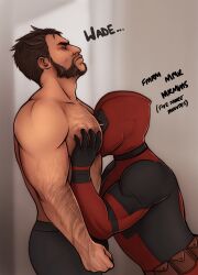  2boys arm_hair bara beard between_pectorals black_gloves bodysuit brown_hair chest_hair clenched_hand closed_eyes closed_mouth deadpool deadpool_&amp;_wolverine deadpool_(series) english_commentary english_text face_to_pecs facial_hair gloves hairy head_between_pecs highres large_pectorals male_focus marndraws marvel marvel_cinematic_universe mature_male multiple_boys muscular muscular_male pectoral_grab pectorals red_bodysuit red_mask short_hair superhero_costume topless_male wolverine_(x-men) x-men yaoi 