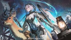  bare_tree blue_sky breasts cleavage cleavage_cutout clothing_cutout comet cowboy_shot deer dutch_angle female grey_eyes grey_hair headgear highres holding holding_weapon lantern looking_at_viewer mechanical_arms mechanical_hands mechanical_legs medium_breasts momodacat mountain night night_sky official_art punishing:_gray_raven rosetta_(pgr) see-through_body short_hair sky solo star_(sky) starry_sky tree watchtower watermark weapon weibo_watermark 