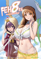  2girls absurdres animal_hood anniversary artist_name bear_hood bernadetta_von_varley bernadetta_von_varley_(summer) bikini blush bow breasts brown_hair cape cleavage cuboon fire_emblem fire_emblem:_three_houses fire_emblem_engage fire_emblem_heroes flower goldmary_(fire_emblem) goldmary_(summer)_(fire_emblem) green_ribbons grey_eyes hat highres holding holding_umbrella hood large_breasts long_hair looking_at_viewer multiple_girls navel official_alternate_costume official_art parasol purple_bikini purple_cape purple_hair ribbon sarong see-through_clothes short_hair swimsuit umbrella white_bikini yellow_bow 