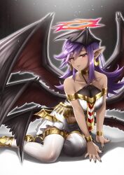  black_wings clothing_cutout dark_skin darklord_ixchel dress duel_monster fallen_angel feet_out_of_frame halo highres looking_at_viewer midriff navel nokia_(nm) on_floor pointy_ears purple_hair red_eyes sleeveless sleeveless_dress stomach_cutout thighhighs white_dress wings yu-gi-oh! zettai_ryouiki 