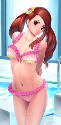  alternate_hairstyle bikini brown_eyes brown_hair commentary_request female frilled_bikini frills idolmaster idolmaster_(classic) long_hair minase_iori navel pettan_p pink_bikini solo swimsuit twintails vivid_bikini_(idolmaster) 