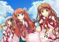  5girls :d blazer blonde_hair braid brown_hair chibi-moth eyepatch flower frown hair_flower hair_ornament hair_ribbon jacket kanbe_kotori kazamatsuri_institute_high_school_uniform konohana_lucia multiple_girls nakatsu_shizuru ootori_chihaya open_mouth photoshop_(medium) rewrite ribbon school_uniform senri_akane shioko smile twin_braids twintails wing_hair_ornament 