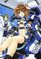  2girls blue_eyes bodysuit breasts brown_hair cockpit glasses green_hair highres kurogin legs lyrical_nanoha mahou_senki_lyrical_nanoha_force mariel_atenza medium_breasts midriff military military_uniform multiple_girls navel nyantype official_art pantyhose pilot_suit ponytail side_ponytail takamachi_nanoha tsab_naval_military_uniform underboob uniform white_legwear yellow_eyes 