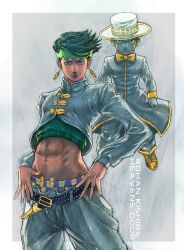  1boy abs belt boyaking commentary_request crop_top diamond_wa_kudakenai earrings green_hair hat heaven&#039;s_door jewelry jojo_no_kimyou_na_bouken kishibe_rohan male_focus midriff photoshop_(medium) solo stand_(jojo) standing 