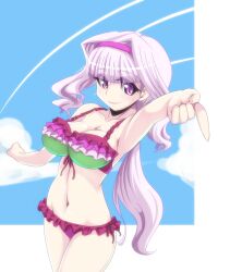  bikini commentary_request female frilled_bikini frills hairband idolmaster idolmaster_(classic) katuhata long_hair purple_hairband red_eyes shijou_takane solo swimsuit vivid_bikini_(idolmaster) white_hair 