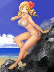  bad_id bad_pixiv_id barefoot beach bikini blonde_hair breasts cleavage day drill_hair female flower hair_flower hair_ornament hibiscus large_breasts mahou_shoujo_madoka_magica mahou_shoujo_madoka_magica_(anime) open_mouth outdoors rock shijima_(tanfn) side-tie_bikini_bottom solo swimsuit tomoe_mami underboob white_bikini yellow_eyes 