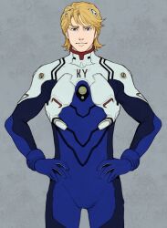  1boy bad_id bad_pixiv_id blonde_hair blue_eyes cosplay hands_on_own_hips ikari_shinji ikari_shinji_(cosplay) interface_headset keith_goodman male_focus neon_genesis_evangelion neopara parody plugsuit solo tiger_&amp;_bunny 