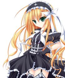  absurdres black_thighhighs blonde_hair blush clothes_lift colorized commentary_request female frills gloves gothic_lolita green_eyes hairband highres lolita_fashion lolita_hairband long_hair original photoshop_(medium) skirt skirt_lift solo thighhighs very_long_hair wata_(akawata) 