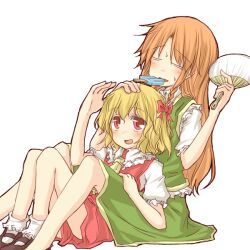  2girls =_= arm_up ascot blonde_hair bobby_socks bow braid closed_eyes commentary_request dress flandre_scarlet food hairbow hand_fan headpat hong_meiling hot mary_janes mouth_hold multiple_girls natsuk no_headwear no_wings open_mouth paper_fan popsicle red_dress red_eyes red_hair shirt shoes side_ponytail sitting skirt skirt_set socks sweat touhou uchiwa 