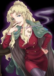  arm_support balalaika_(black_lagoon) black_lagoon blonde_hair blue_eyes breasts business_suit cigar cleavage coat commentary_request female formal hand_on_own_hip jacket jacket_on_shoulders large_breasts long_hair mole mole_under_eye pantyhose pencil_skirt scar seven_(11) skirt skirt_suit smirk smoke solo suit 