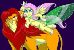  beastmaster clothing crossover dress duo equid equine feathered_wings feathers felid female feral fluttershy_(mlp) friendship_is_magic hasbro lion male mammal my_little_pony mythological_creature mythological_equine mythology pantherine pegasus red_eyes wings yellow_body yellow_feathers yellow_sclera 