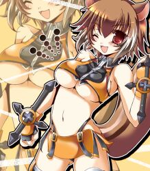  ;d animal_ears bad_id bad_pixiv_id blazblue breasts brown_hair commentary_request crop_top dual_wielding female gloves holding large_breasts makoto_nanaya midriff multicolored_hair navel one_eye_closed open_mouth orange_skirt red_eyes revealing_clothes short_hair skirt smile solo squirrel_ears squirrel_girl squirrel_tail tail thighhighs tonfa two-tone_hair underboob weapon white_hair yoroi_nau zoom_layer 