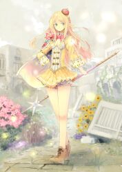  arched_crown atelier_(series) atelier_meruru bare_legs blonde_hair commentary_request crown female flower half_updo highres long_hair merurulince_rede_arls red_crown skirt solo staff tilted_headwear yammy_(cellblo) yellow_skirt 