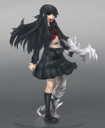  abubu black_hair brown_eyes chest_mouth commentary_request extra_mouth faux_figurine female figure kneehighs long_hair monster_girl original school_uniform socks solo teeth tongue torn_clothes transformation 