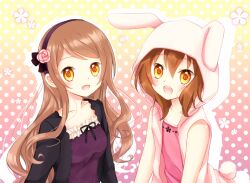  1boy :d akane_(goma) akira_(goma) animal_costume bad_id bad_pixiv_id brother_and_sister brown_hair casual collarbone female flower goma_(11zihisin) gradient_background hairband hood hoodie long_hair open_mouth original otoko_no_ko photoshop_(medium) polka_dot polka_dot_background rabbit_costume ribbon short_hair siblings smile twins yellow_eyes 