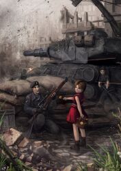  1boy 2girls basket battle blood commentary destruction english_commentary explosion firing flower gun highres m551_sheridan military military_vehicle motor_vehicle multiple_girls okita original rifle ruins sandbag tank weapon 