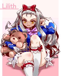  blush commentary_request female grey_hair jaggy_lines lilith_(vanpri) long_hair lowres shinmai_(kyata) sitting solo stuffed_animal stuffed_toy teddy_bear vanguard_princess yellow_eyes 