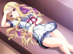  blonde_hair cleavage game_cg konomi long_hair pantsu purple_eyes school_uniform smile solo takachihou_kyouko 