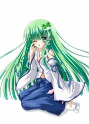  blue_ribbon breasts cleavage collarbone commentary_request detached_sleeves eyebrows female finger_to_eye frog_hair_ornament green_eyes green_hair hair_ornament highres kochiya_sanae long_hair midriff navel one_eye_closed photoshop_(medium) ribbon simple_background small_breasts solo touhou wata_(akawata) white_background 