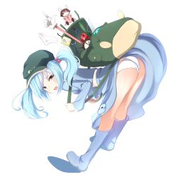  absurdres ass backpack bad_id bad_pixiv_id bag bent_over blue_eyes blue_hair blush boots censored character_doll clock curly_hair eraser female full_body hair_bobbles hair_ornament hat highres inaba_tewi kawashiro_nitori open_mouth panties pantyshot pencil pokachu short_hair solo striped_clothes striped_panties tombow_mono touhou transparent_background two_side_up underwear white_panties 