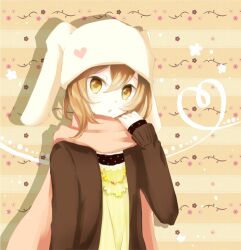  1boy akane_(goma) animal_ears animal_hat bad_id bad_pixiv_id brown_hair goma_(11zihisin) hat male_focus original otoko_no_ko photoshop_(medium) rabbit_ears scarf solo yellow_eyes 