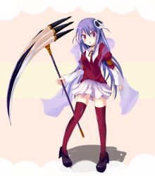  armband bad_id bad_pixiv_id choker eruthika female hair_ornament haqua_d&#039;rot_herminium highres kami_nomi_zo_shiru_sekai long_hair open_mouth purple_hair red_eyes red_thighhighs scythe skull_hair_ornament solo thighhighs zettai_ryouiki 