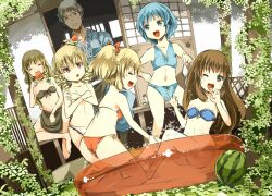  1boy 5girls assisted_exposure bandeau bare_shoulders bikini blonde_hair blue_eyes blue_hair blush braid brown_eyes brown_hair cirno closed_eyes clothes_theft commentary_request covering_breasts covering_privates crossed_arms drill_hair dutch_angle eating eichi_(0903275) embarrassed food fruit kirisame_marisa long_hair luna_child morichika_rinnosuke multiple_girls navel no_wings oerba_yun_fang one_eye_closed open_mouth short_hair single_braid splashing star_sapphire sunny_milk swimsuit swimsuit_theft theft topless touhou transparent unworn_bikini_top wading_pool water watermelon 