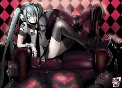  aqua_eyes aqua_hair bracelet commentary_request couch female hatsune_miku headphones jewelry jinbei long_hair necktie ring shoes sitting skirt solo stuffed_animal stuffed_toy thighhighs twintails very_long_hair vocaloid zettai_ryouiki 