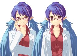  ayamisiro blue_hair breasts commentary_request contemporary expressions female glasses hair_bun judith_(school_nurse)_(tales) judith_(tales) lab_coat long_hair medium_breasts official_alternate_costume photoshop_(medium) pointy_ears single_hair_bun smile solo tales_of_(series) tales_of_vesperia twintails 