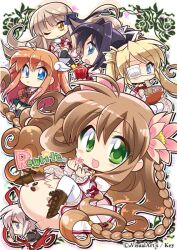  6+girls :&lt; :d braid chibi chibi-moth chopsticks cup eating eyepatch flower food hair_flower hair_ornament kagari_(rewrite) kanbe_kotori kazamatsuri_institute_high_school_uniform komowata_haruka konohana_lucia multiple_girls noodles one_eye_closed ootori_chihaya open_mouth photoshop_(medium) ramen rewrite school_uniform senri_akane smile teacup thighhighs twin_braids twintails wing_hair_ornament 