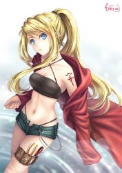  black_panties blonde_hair blue_eyes bustier chains chinese_commentary coat commentary_request earrings female fingernails flamel_symbol fullmetal_alchemist hair_ribbon jewelry lens_flare lingerie long_hair midriff navel open_clothes open_shorts panties partial_commentary photoshop_(medium) pliers ponytail ribbon screwdriver short_shorts shorts signature solo tattoo thigh_strap tidsean tool_kit tools underwear water winry_rockbell 