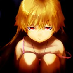  bakemonogatari bare_shoulders blonde_hair blood commentary_request female jyon long_hair looking_at_viewer monogatari_(series) oshino_shinobu red_eyes solo squatting strap_slip 