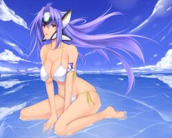  akitsuki_karasu barefoot bikini blue_hair blush breasts cleavage commentary_request female fisheye kos-mos kos-mos_ver._4 large_breasts long_hair open_mouth partially_submerged red_eyes side-tie_bikini_bottom sitting skindentation solo strap_gap swimsuit very_long_hair wariza water white_bikini xenosaga 