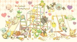  ball boned_meat commentary_request cottonee creature_as_food cubchoo darumaka deerling deerling_(spring) emolga food foongus gothita heart joltik jungle_gym kindergarten lillipup litwick meat minccino mouth_hold mugita_konomi munna no_humans on_head oshawott petilil pikachu pokemon pokemon_(creature) pokemon_on_head purrloin scraggy sewaddle slide snivy soccer_ball solosis starter_pokemon_trio swing telstar tepig toy toy_block tympole vanillite woobat zorua 