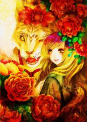  commentary_request dress female flower gradient_hair graphite_(medium) hair_ornament highres hijiri_byakuren kido_(choushouya) long_hair mixed_media multicolored_hair painting_(medium) red_flower rose smile solo tiger toramaru_shou toramaru_shou_(tiger) touhou traditional_media watercolor_(medium) yellow_eyes 