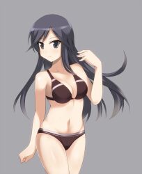  a_channel bare_shoulders bikini black_bikini black_eyes black_hair breasts cleavage commentary_request female grey_background groin hevn large_breasts long_hair navel nishi_yuuko photoshop_(medium) simple_background solo swimsuit 