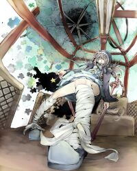  bad_id bad_pixiv_id bandages braid buttons dress eyepatch female foreshortening from_below grey_hair highres hood hoodie jigsaw_puzzle ka1e original puzzle scabbard sheath solo star_(symbol) sword weapon yellow_eyes zipper 