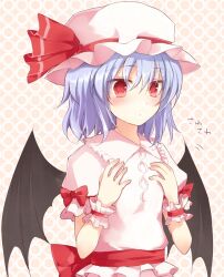  bat_wings blue_hair blush commentary_request female flat_chest hands_on_own_chest hat nazuka_(mikkamisaki) red_eyes remilia_scarlet short_hair solo touhou wings wrist_cuffs 