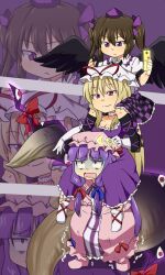  3girls blonde_hair bow brown_hair carrying cellphone commentary_request crescent gap_(touhou) gazacy_(dai) geta hair_ribbon hat highres himekaidou_hatate human_tower kamen_rider kamen_rider_ooo_(series) long_hair multiple_girls patchouli_knowledge phone purple_eyes purple_hair purple_theme putotyra_(ooo_combo) ribbon shoulder_carry smirk stacking tengu-geta touhou trembling turn_pale twintails wings yakumo_yukari 