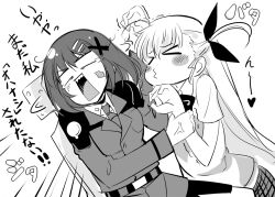  &gt;_&lt; 2girls anger_vein bad_id bad_pixiv_id blush blush_stickers check_translation closed_eyes greyscale kawakami_shuuichi lyrical_nanoha mahou_shoujo_lyrical_nanoha_strikers military military_uniform monochrome multiple_girls o3o open_mouth pantyhose school_uniform translated translation_request tsab_naval_military_uniform uniform vivio yagami_hayate 