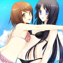  2girls akiyama_mio bad_id bad_pixiv_id bikini black_bikini black_hair blue_eyes brown_eyes brown_hair hirasawa_yui hug k-on! long_hair meiko_(puua) multiple_girls short_hair swimsuit 