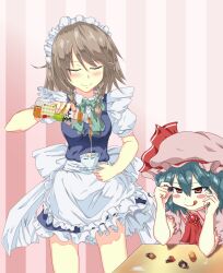  2girls :q akiyama_mio alternate_hair_color ascot bad_id bad_pixiv_id blue_eyes blush_stickers braid brooch brown_hair character_doll closed_eyes cup highres hirasawa_yui izayoi_sakuya jewelry k-on! kotobuki_tsumugi maid maid_headdress multiple_girls nakano_azusa pouring red_eyes remilia_scarlet saucer tainaka_ritsu takanashi_sora_(soramyon) teacup tongue tongue_out touhou twin_braids 