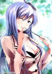  black_bra blazer blue_hair bra breasts cleavage female jacket large_breasts long_hair nishikujou_touka one_eye_closed photoshop_(medium) pointer rewrite sakayama_shinta smile solo teacher underwear 