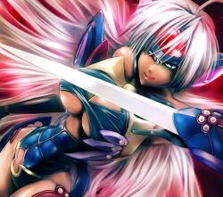  arm_blade bad_id bad_pixiv_id blue_eyes breasts cleavage cleavage_cutout clothing_cutout cyborg dark-skinned_female dark_skin female gloves iyodori long_hair medium_breasts silver_hair t-elos tongue very_long_hair weapon xenosaga xenosaga_episode_iii 