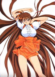  anna_miller arms_up artist_request breasts brown_eyes brown_hair female large_breasts long_hair orange_skirt photoshop_(medium) simple_background skirt solo takeuchi_yuka variable_geo very_long_hair waitress 