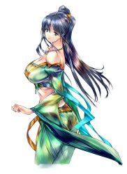  bare_shoulders blue_eyes blue_hair breasts brown_hair cleavage commentary_request covered_nipples facial_mark female forehead_mark gradient_hair jewelry large_breasts long_hair midriff multicolored_hair necklace original q_azieru retro_artstyle see-through solo standing transparent_background 