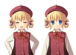  =_= alternate_costume alternate_hairstyle ayamisiro beret blue_eyes bow braid braided_hair_rings clone closed_eyes commentary_request dual_persona expressions female folded_braid hair_rings hands_on_own_hips hat official_alternate_costume patty_fleur patty_fleur_(chairman&#039;s_granddaughter) photoshop_(medium) ribbon smile tales_of_(series) tales_of_vesperia 