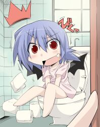  ^^^ bibi02 blue_hair bottomless chibi commentary_request female hands oerba_yun_fang open_mouth red_eyes remilia_scarlet sitting solo toilet toilet_paper toilet_use touhou walk-in wings 